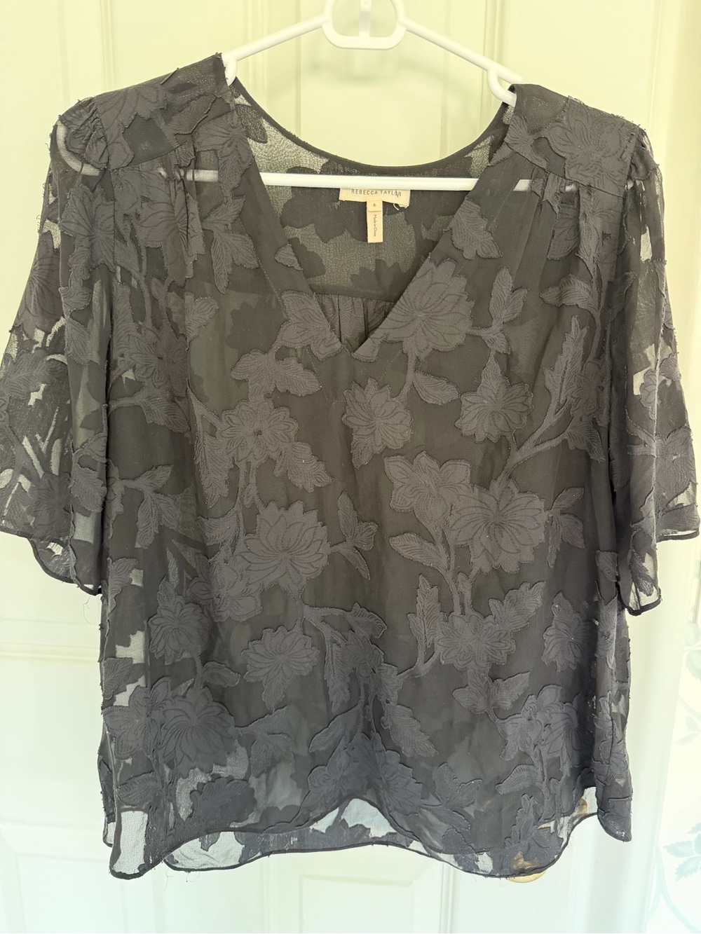 Rebecca Taylor Textured Floral V-Neck Sheer Blouse in Black - y